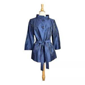 Talbots Italian Linen Trench Coat Petite 14 Blue Shimmer Jacket Lined Pockets